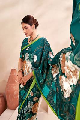 teal green multicolor floral printed faux crepe saree 2