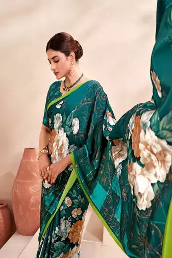 teal green multicolor floral printed faux crepe saree