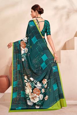 teal green multicolor floral printed faux crepe saree 3