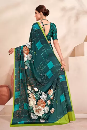 teal green multicolor floral printed faux crepe saree