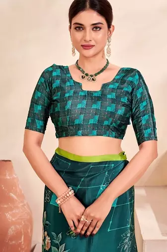 teal green multicolor floral printed faux crepe saree
