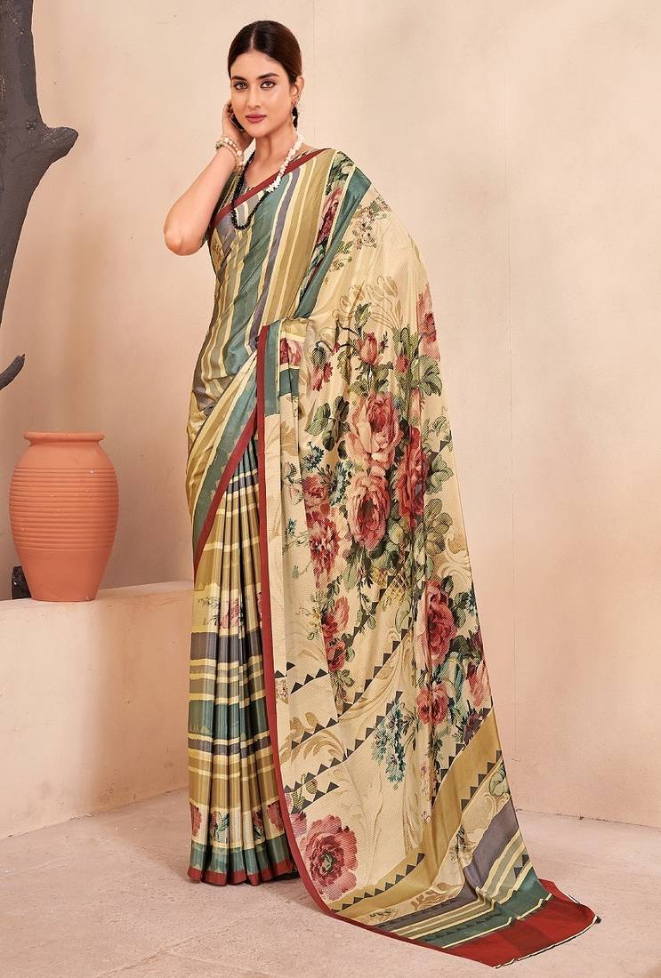 cream or premium printed saree with blouse