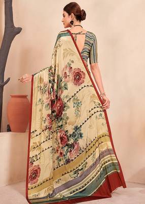 multicolor & cream striped floral printed faux crepe saree 2
