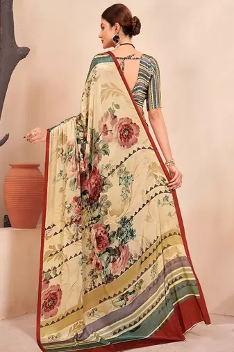 multicolor & cream striped floral printed faux crepe saree