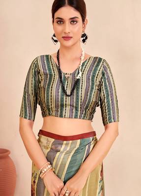 multicolor & cream striped floral printed faux crepe saree 3