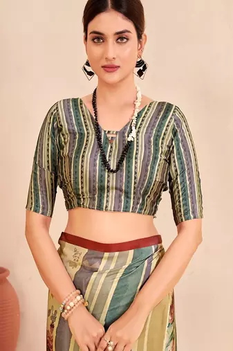 multicolor & cream striped floral printed faux crepe saree