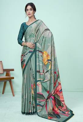 teal green floral printed faux crepe saree 1