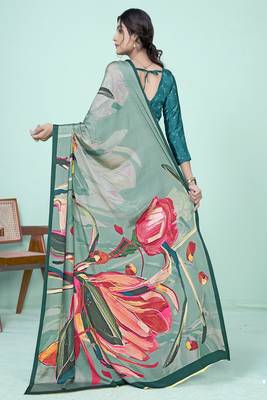 teal green floral printed faux crepe saree 2