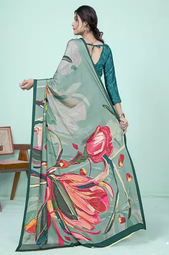 teal green floral printed faux crepe saree