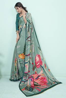 teal green floral printed faux crepe saree 3