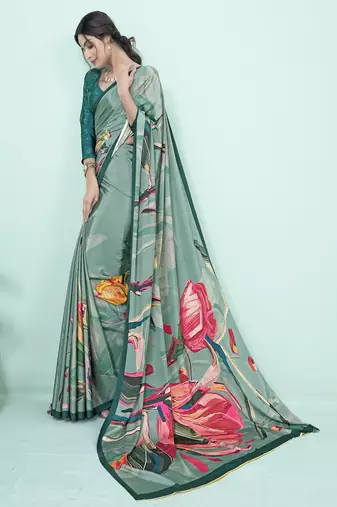 teal green floral printed faux crepe saree