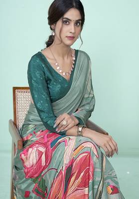 teal green floral printed faux crepe saree 4