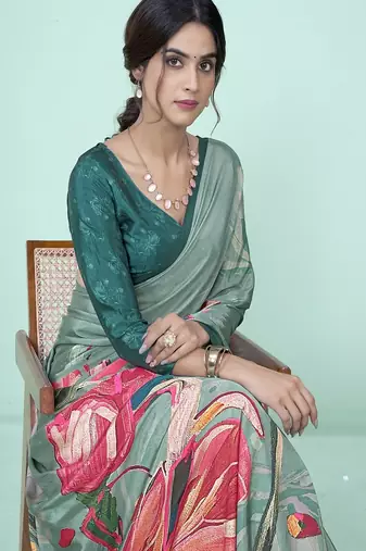 teal green floral printed faux crepe saree