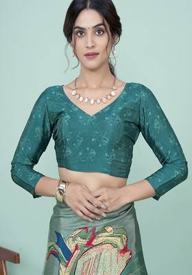 teal green floral printed faux crepe saree 5