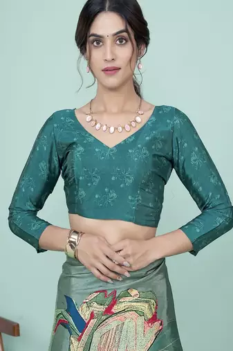 teal green floral printed faux crepe saree