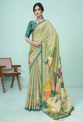 light green floral printed faux crepe saree 1