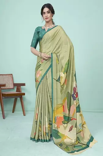 light green floral printed faux crepe saree