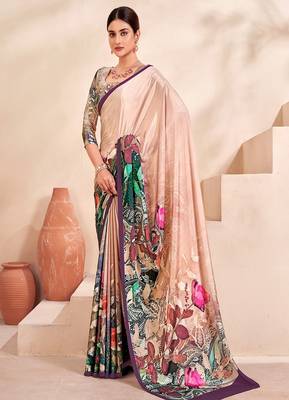 beige multicolor floral printed faux crepe saree 1