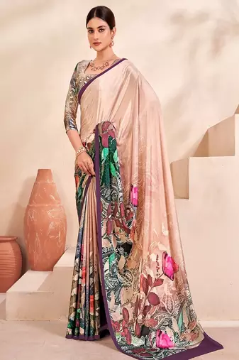 beige multicolor floral printed faux crepe saree