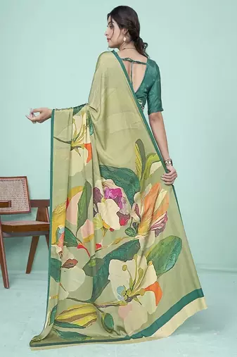 light green floral printed faux crepe saree