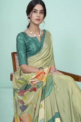 light green floral printed faux crepe saree