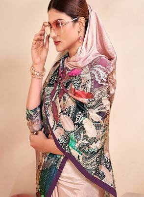 beige multicolor floral printed faux crepe saree 2