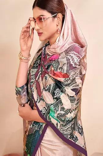 beige multicolor floral printed faux crepe saree