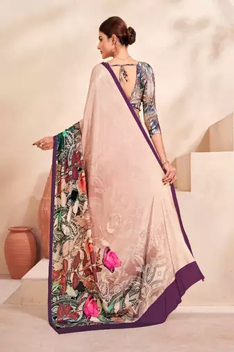 beige multicolor floral printed faux crepe saree