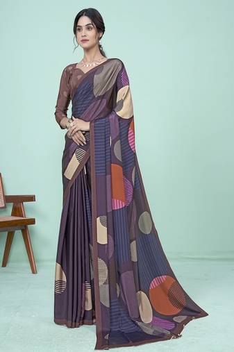 dark plum & multicolor abstract printed faux crepe saree