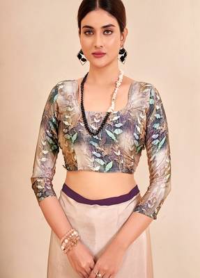 beige multicolor floral printed faux crepe saree 4
