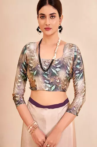beige multicolor floral printed faux crepe saree