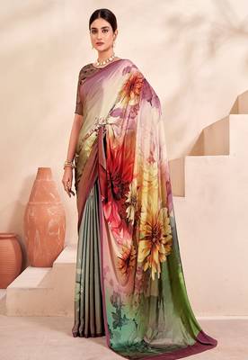 multicolour floral printed faux crepe saree 1