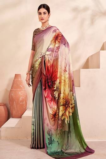multicolour floral printed faux crepe saree
