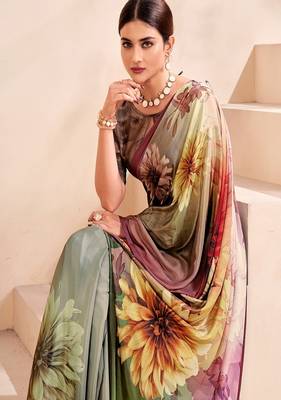 multicolour floral printed faux crepe saree 2