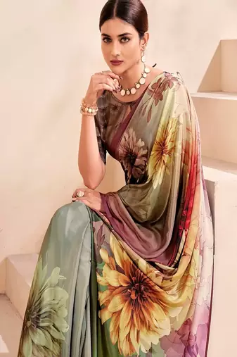 multicolour floral printed faux crepe saree