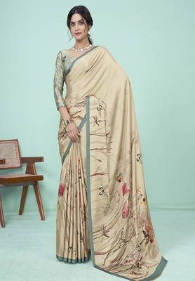 beige floral printed faux crepe saree 1