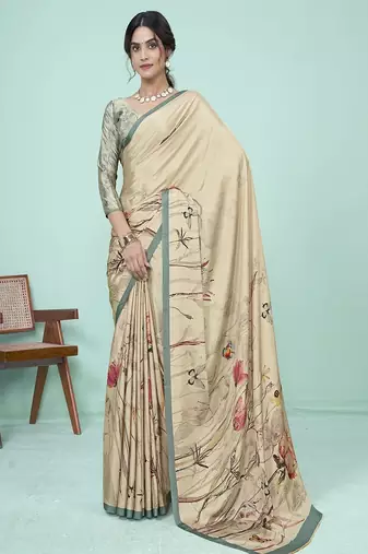 beige floral printed faux crepe saree