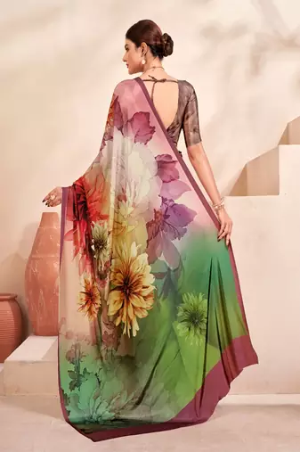multicolour floral printed faux crepe saree