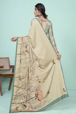 beige floral printed faux crepe saree 2