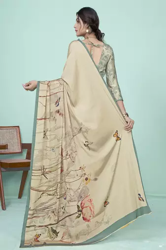 beige floral printed faux crepe saree