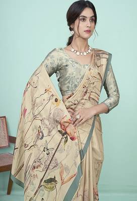 beige floral printed faux crepe saree 3