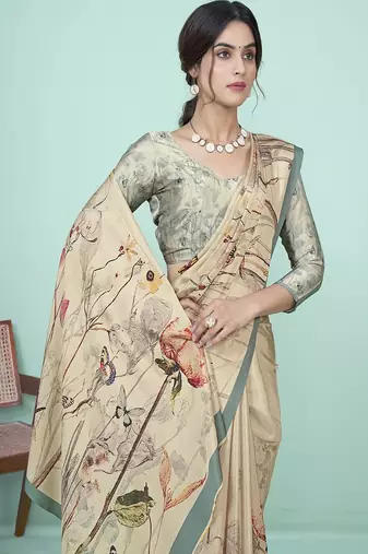 beige floral printed faux crepe saree