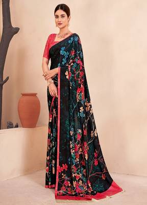 black multicolor floral printed faux crepe saree 1