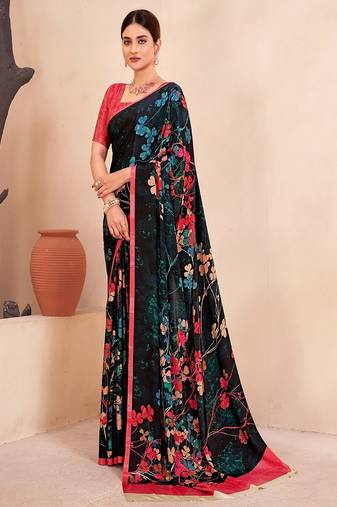 black multicolor floral printed faux crepe saree