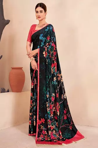 black multicolor floral printed faux crepe saree
