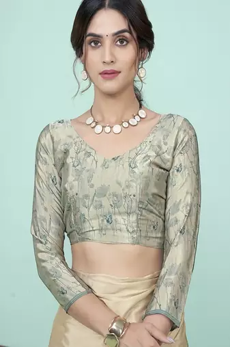 beige floral printed faux crepe saree