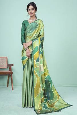 green & olive abstract printed faux crepe saree 1
