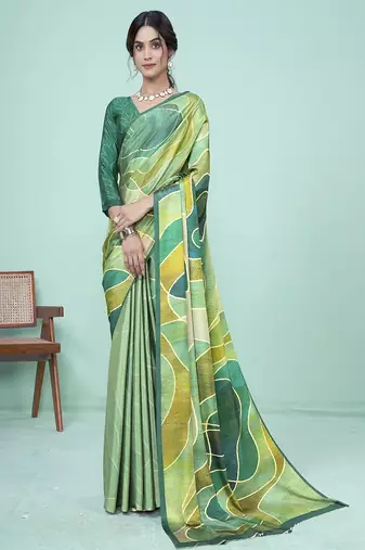 green & olive abstract printed faux crepe saree