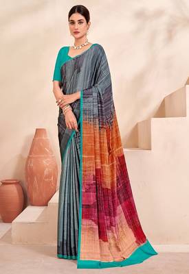 grey multicolour printed faux crepe saree 1