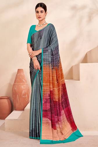 grey multicolour printed faux crepe saree